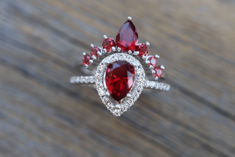 2 CT Pear Cut Garnet Diamond  925 Sterling Silver Halo Bridal Set with Curved Wedding Band Ring