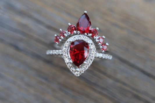 2 CT Pear Cut Garnet Diamond  925 Sterling Silver Halo Bridal Set with Curved Wedding Band Ring
