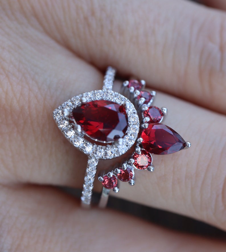 2 CT Pear Cut Garnet Diamond  925 Sterling Silver Halo Bridal Set with Curved Wedding Band Ring