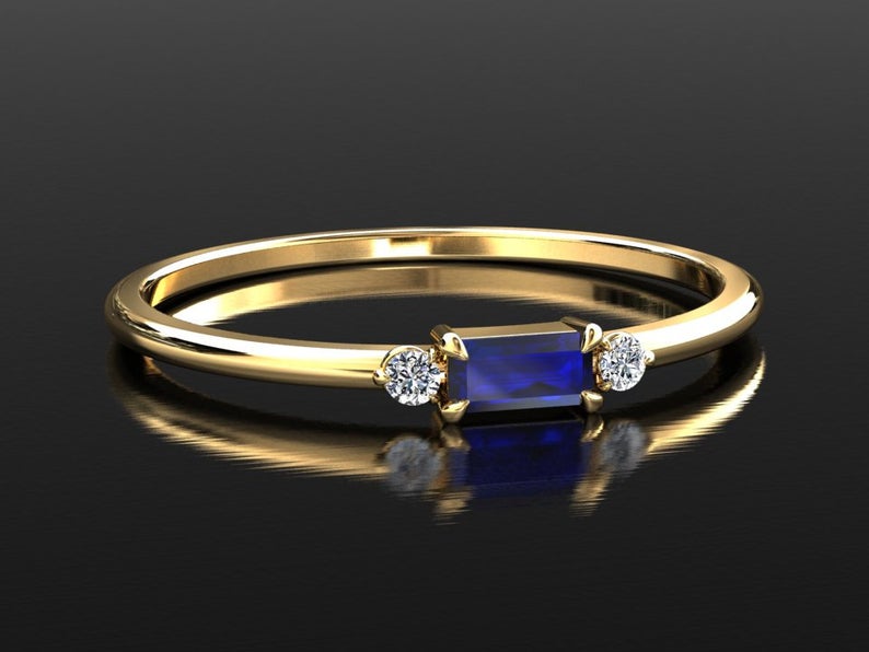 1 CT Baguette Cut Blue Sapphire Diamond Yellow Gold Over On 925 Sterling Silver Anniversary Ring