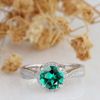 1.75 Ct Round Cut Green Emerald & White CZ Halo Engagement Ring In 925 Sterling Silver