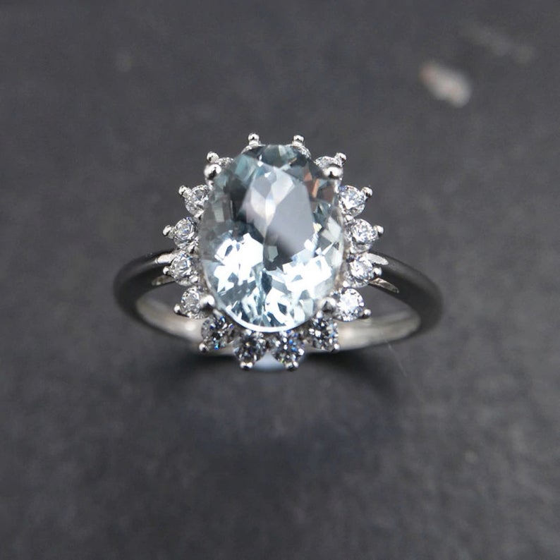 3 CT Oval Cut Aquamarine Diamond 925 Sterling Silver Floral Ring For Women