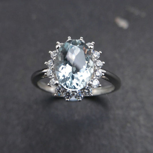 3 CT Oval Cut Aquamarine Diamond 925 Sterling Silver Floral Ring For Women