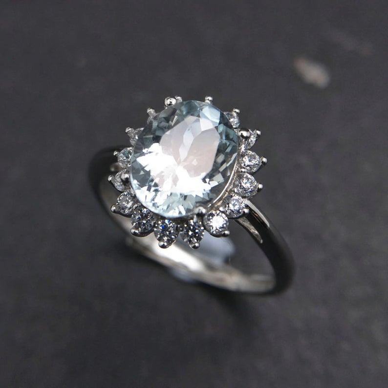 3 CT Oval Cut Aquamarine Diamond 925 Sterling Silver Floral Ring For Women