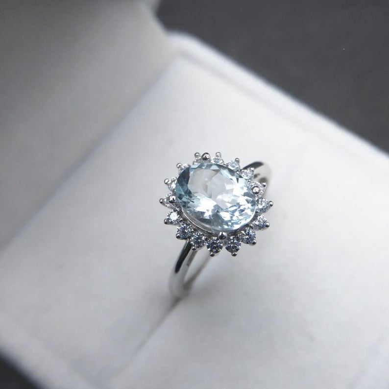 3 CT Oval Cut Aquamarine Diamond 925 Sterling Silver Floral Ring For Women