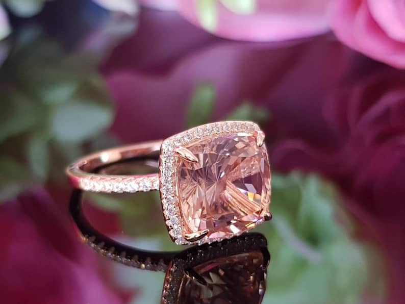 2 CT Cushion Cut Morganite Diamond Rose Gold Over On 925 Sterling Silver Halo Engagement Ring