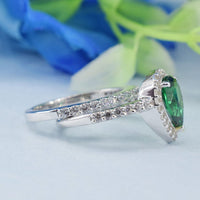 2 CT Pear Cut Green Emerald Diamond 925 Sterling Silver Halo Womens Bridal Set Gift Ring