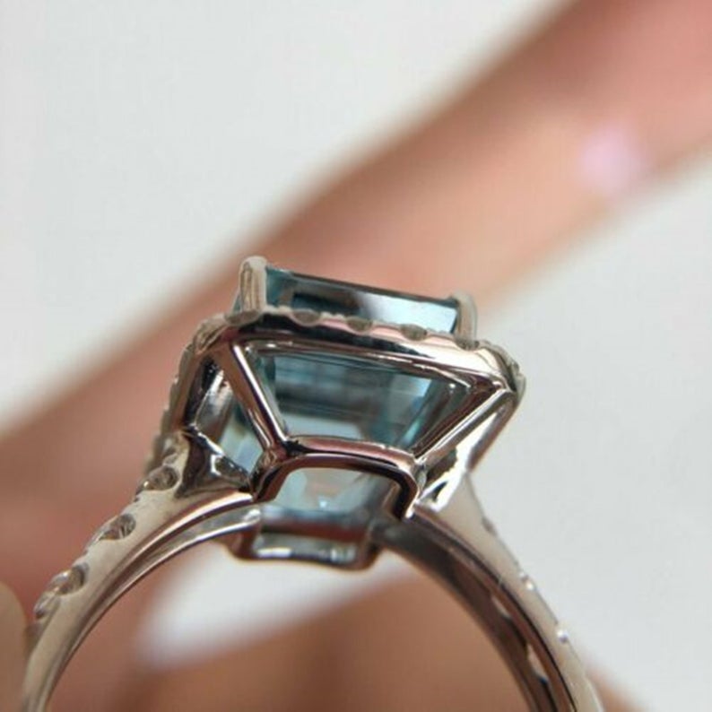 2 CT Emerald Cut Aquamarine Diamond 925 Sterling Silver Halo Woman's Anniversary Ring