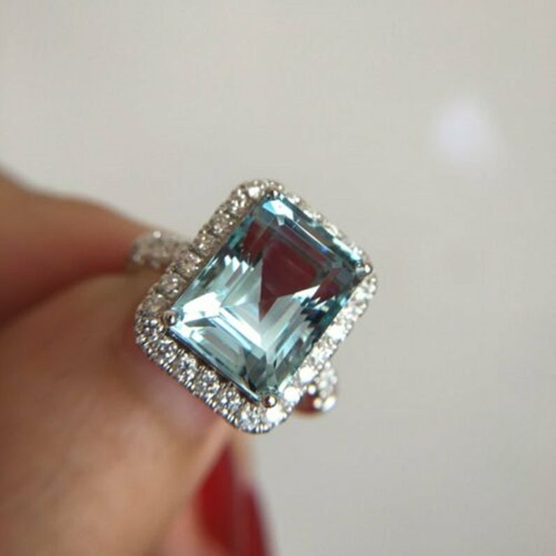 2 CT Emerald Cut Aquamarine Diamond 925 Sterling Silver Halo Woman's Anniversary Ring