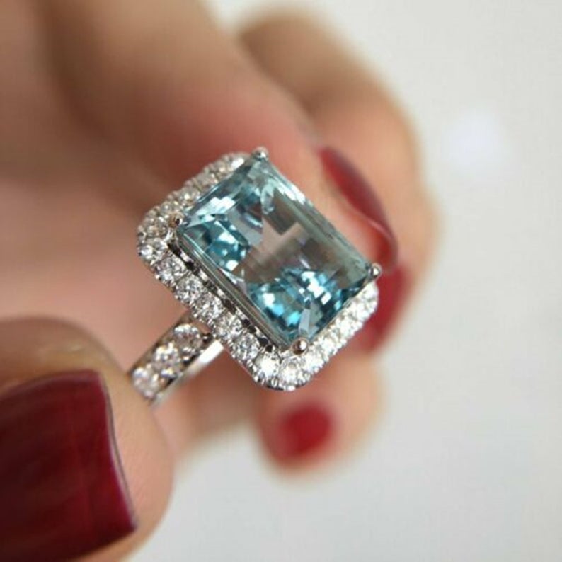 2 CT Emerald Cut Aquamarine Diamond 925 Sterling Silver Halo Woman's Anniversary Ring