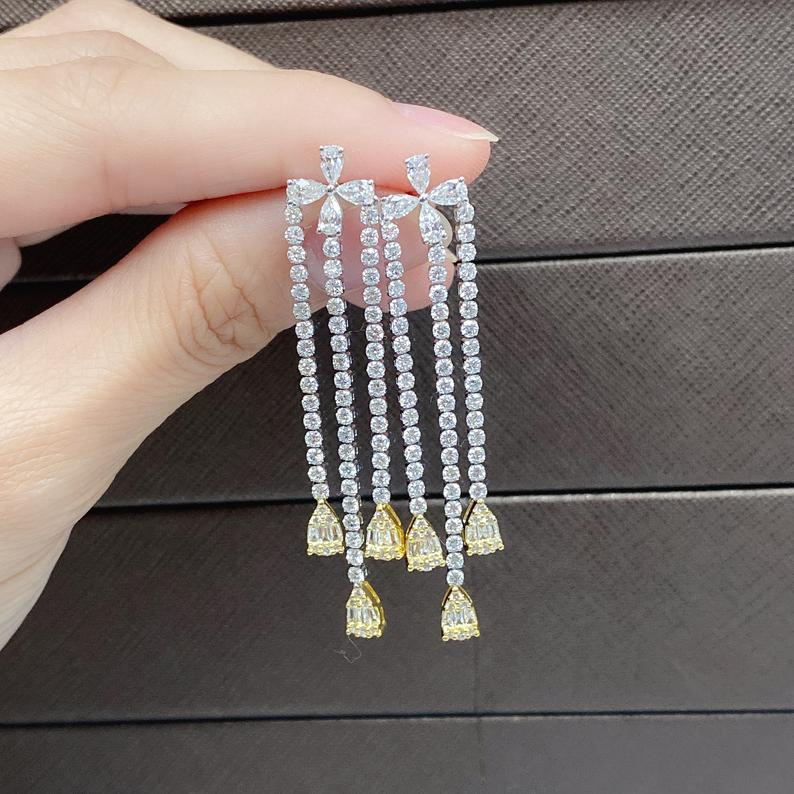 4.50 Ct Brilliant Cut Yellow Sapphire & White CZ 925 Sterling Silver Engagement Dangle Earrings