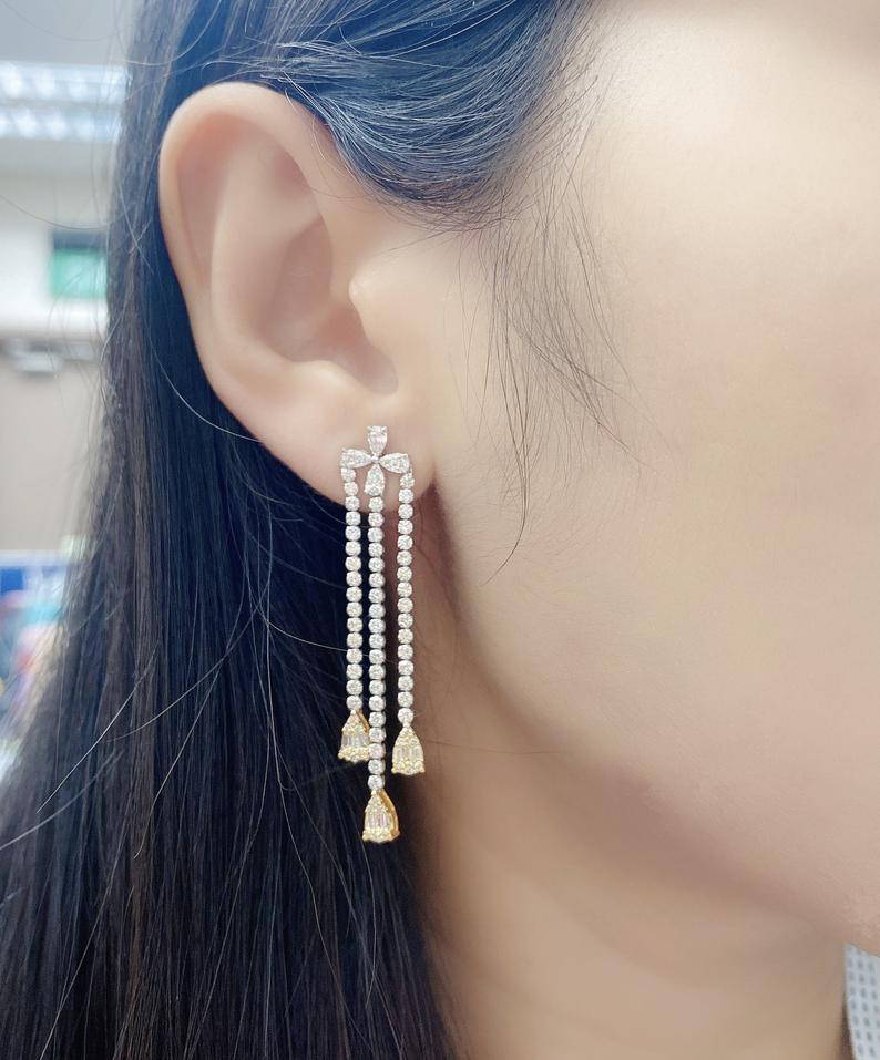 4.50 Ct Brilliant Cut Yellow Sapphire & White CZ 925 Sterling Silver Engagement Dangle Earrings