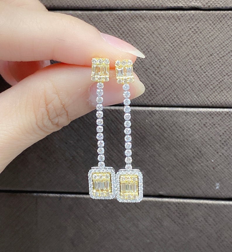 3.75 Ct Brilliant Cut Yellow Sapphire & White CZ 925 Sterling Silver Engagement Dangle Earrings