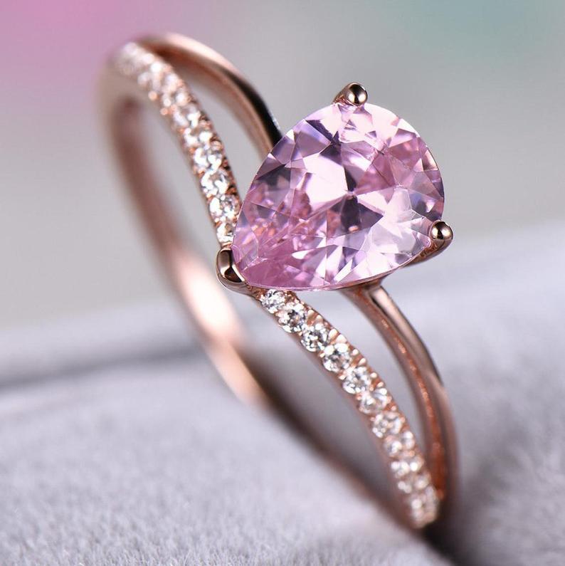 1.35 Ct Pear Cut Pink Sapphire Split Shank Engagement Ring Rose Gold Over On 925 Sterling Silver
