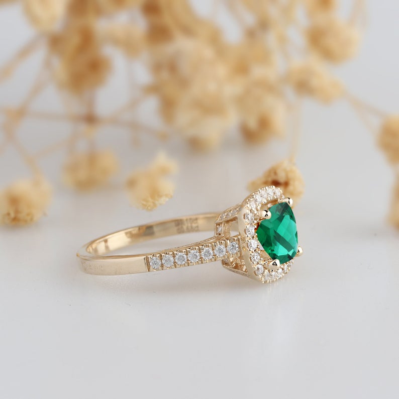 2 CT Cushion Cut Emerald Diamond Yellow Gold Over On 925 Sterling Silver Halo Anniversary Ring