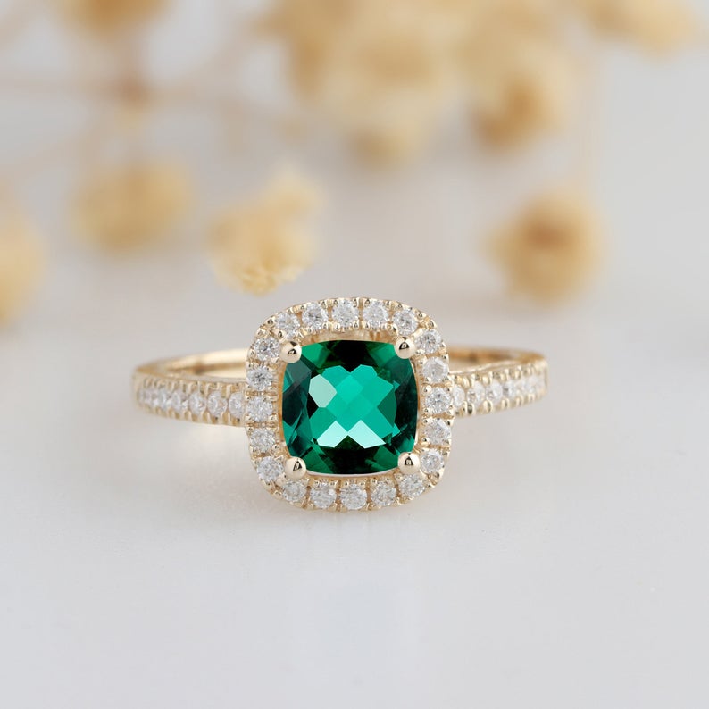 1.75 Ct Cushion Cut Green Emerald Yellow Gold Over On 925 Sterling Silver Halo Engagement Ring