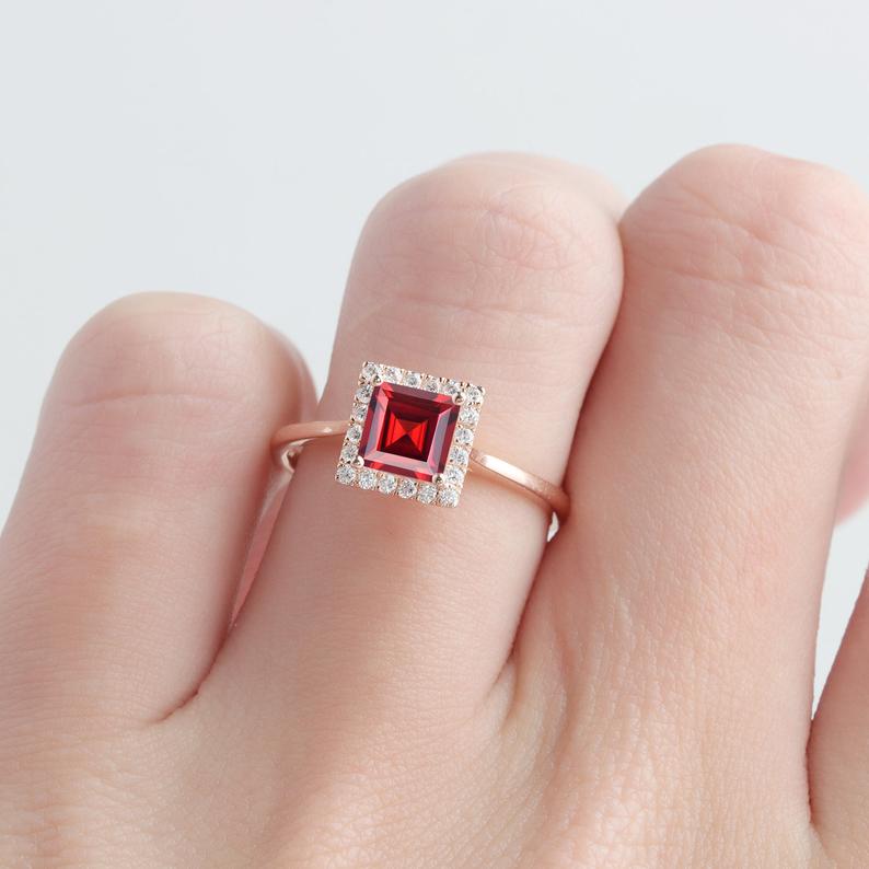 1.20 Ct Princess Cut Red Garnet Rose Gold Over On 925 Sterling Silver Halo Promise Ring
