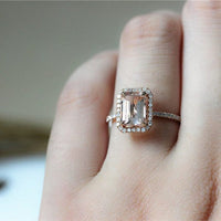 1.2 CT Emerald Cut Morganite Diamond 925 Sterling Silver Halo Women's Wedding Ring