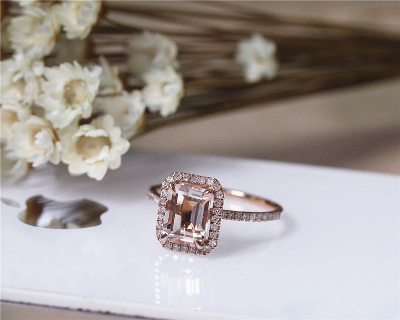 1.2 CT Emerald Cut Morganite Diamond 925 Sterling Silver Halo Women's Wedding Ring