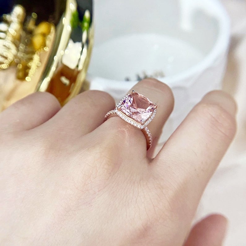 2 CT Cushion Cut Peach Morganite Diamond 925 Sterling Silver Halo Anniversary Ring
