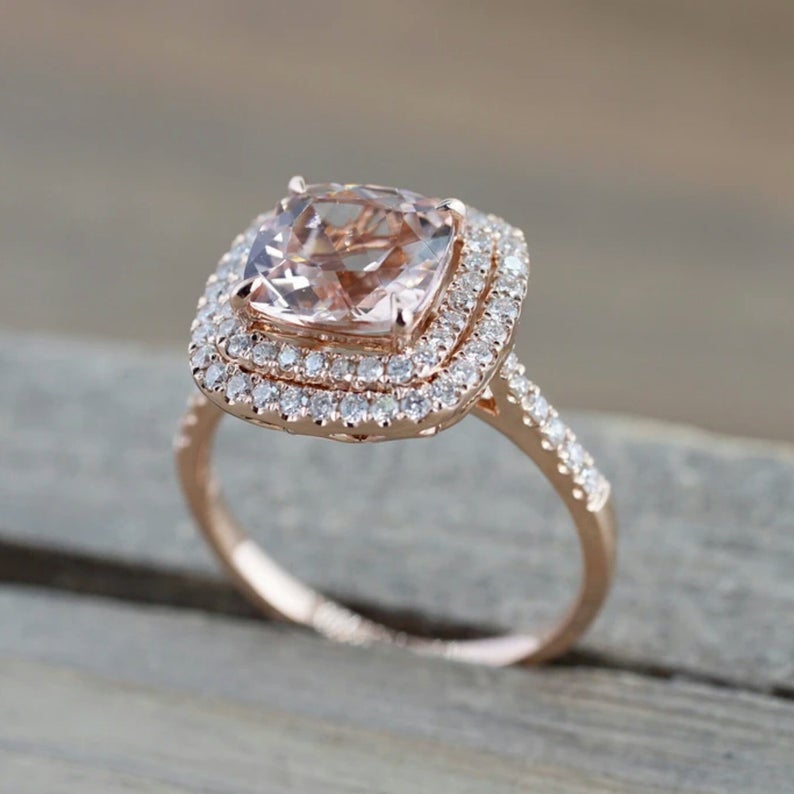 2 CT Cushion Cut Morganite Diamond 925 Sterling Silver Halo Wedding Ring