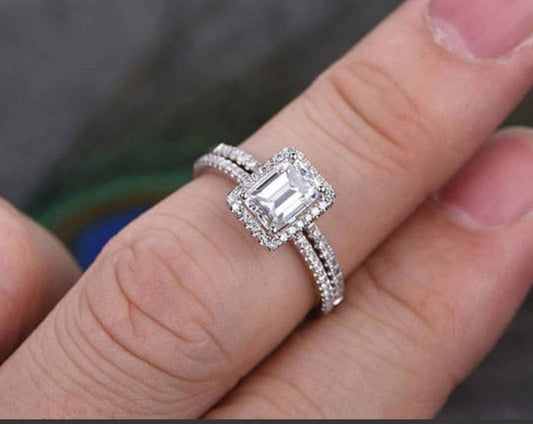 1.7 CT Emerald Cut Diamond 925 Sterling Silver Halo Engagement Bridal Ring Set