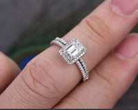 1.7 CT Emerald Cut White Topaz Diamond White Gold Over On 925 Sterling Silver Halo Bridal Ring Set