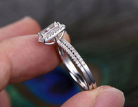 1.7 CT Emerald Cut White Topaz Diamond White Gold Over On 925 Sterling Silver Halo Bridal Ring Set