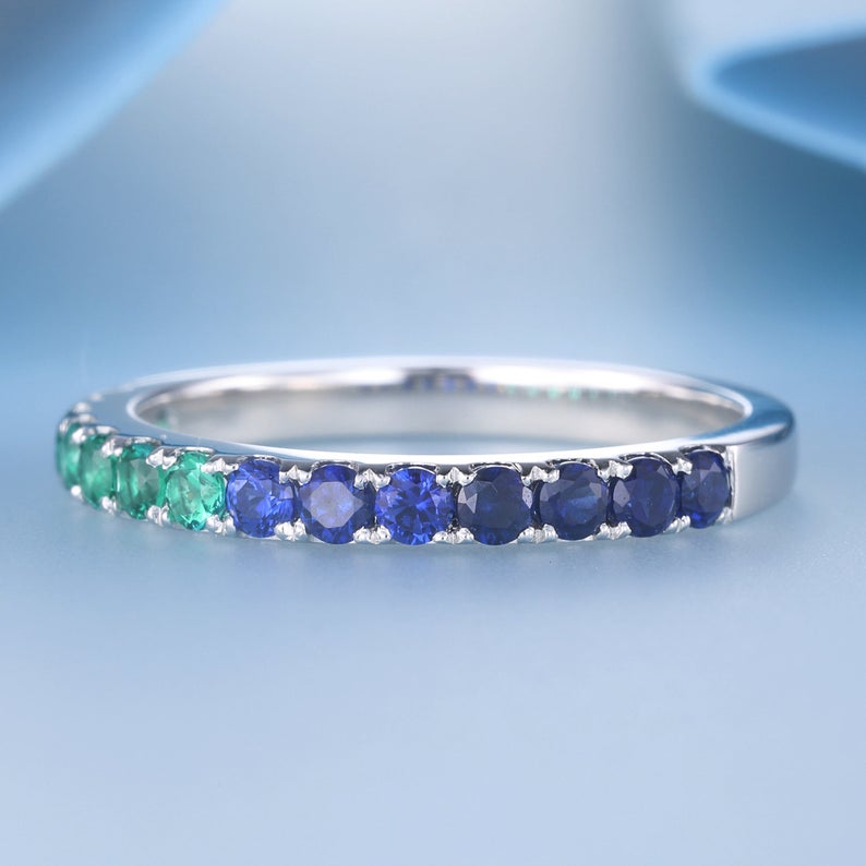 1 CT Blue Sapphire & Emerald Diamond 925 Sterling Silver Half Eternity Wedding Band Ring