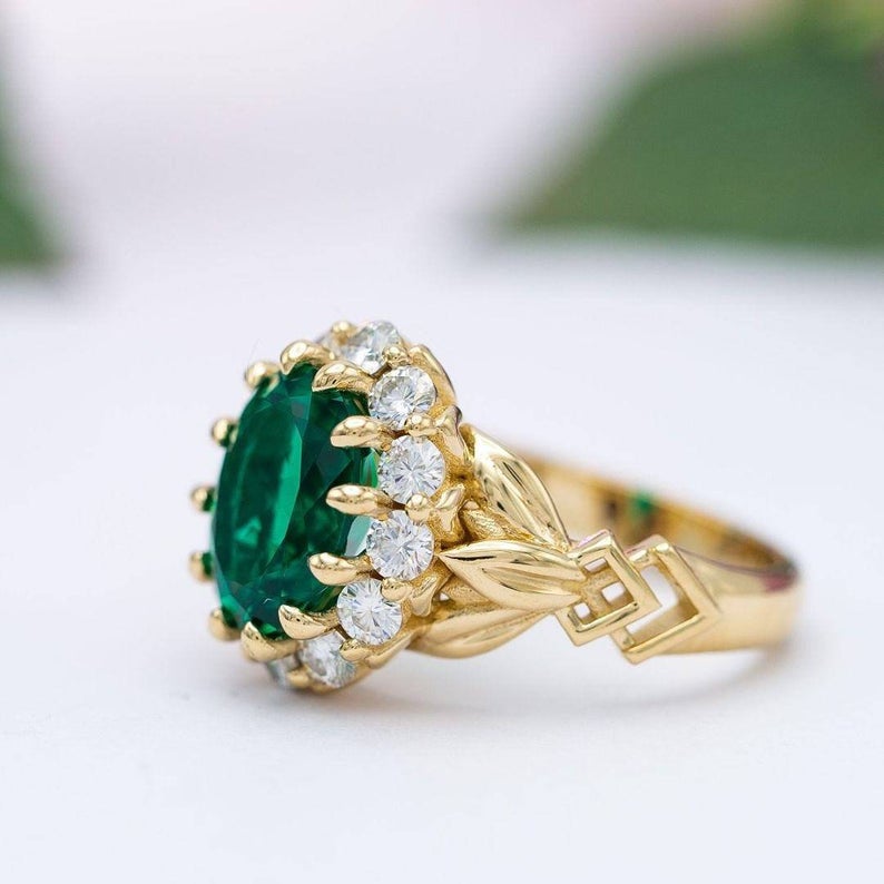 2 CT Oval Cut Emerald Diamond Yellow Gold Over On 925 Sterling Silver Engagement Ring