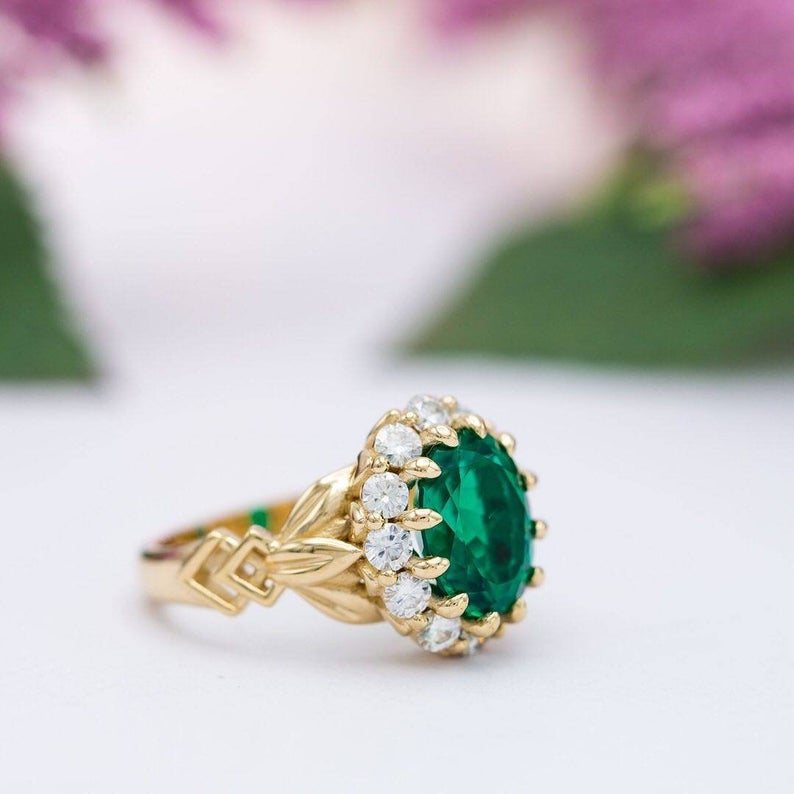 2 CT Oval Cut Emerald Diamond Yellow Gold Over On 925 Sterling Silver Engagement Ring