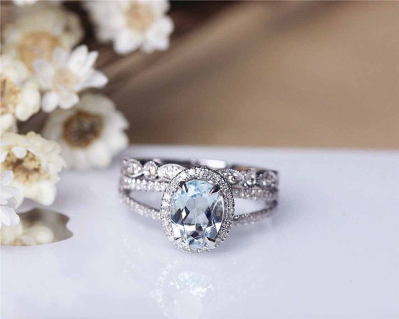 1 CT Oval Cut Aquamarine Diamond 925 Sterling Silver Halo Anniversary Bridal Ring Set