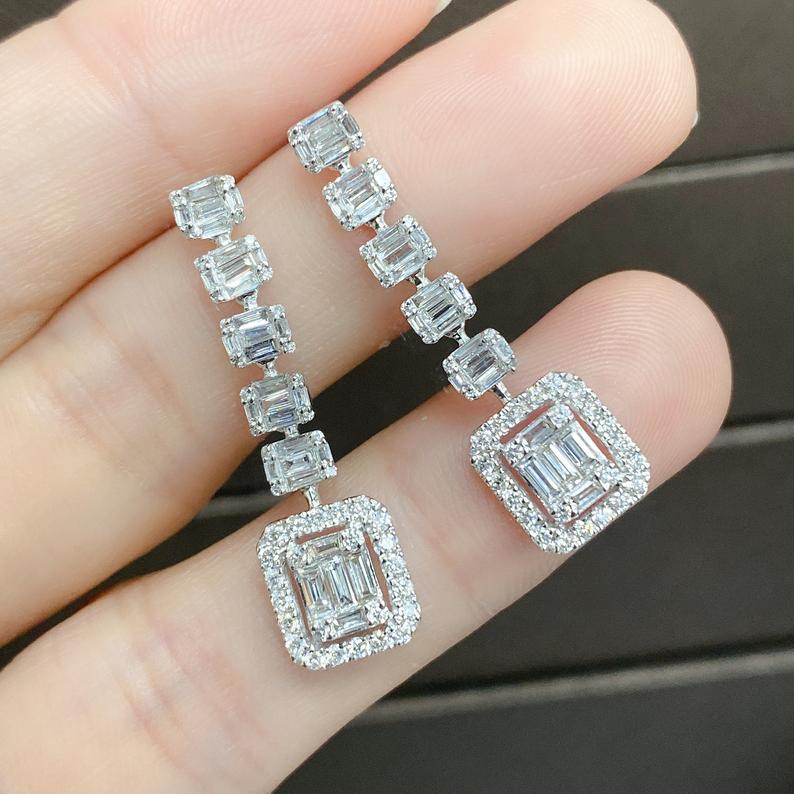 3.75 Ct Baguette Cut White CZ White Gold Over On 925 Sterling Silver Engagement Dangle Earrings