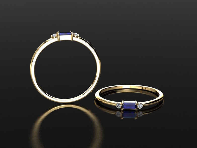 1 CT Baguette Cut Blue Sapphire Diamond Yellow Gold Over On 925 Sterling Silver Anniversary Ring - atjewels.in