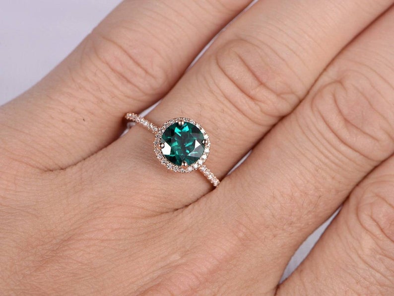 1 CT Round Cut Emerald Diamond Rose Gold Over On 925 Sterling Silver Halo Engagement Ring
