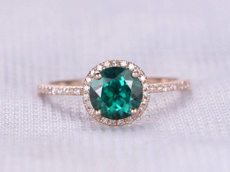 1 CT Round Cut Emerald Diamond Rose Gold Over On 925 Sterling Silver Halo Engagement Ring