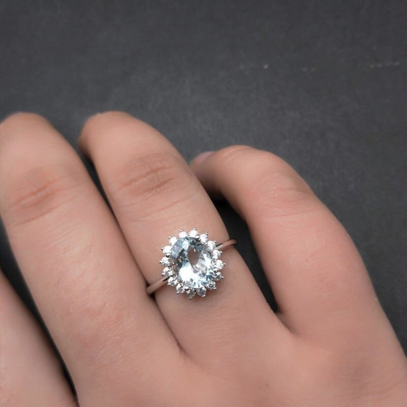 3 CT Oval Cut Aquamarine Diamond 925 Sterling Silver Floral Ring For Women