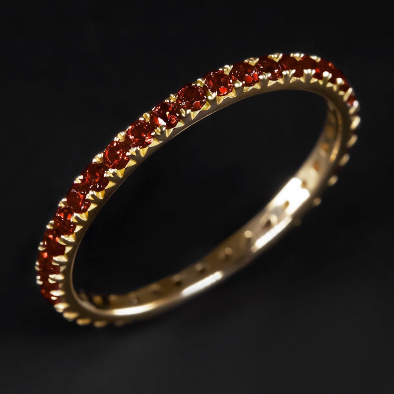 0.25 CT Round Cut Red Garnet Diamond Yellow Gold Over On 925 Sterling Silver Full Eternity Wedding Band Ring