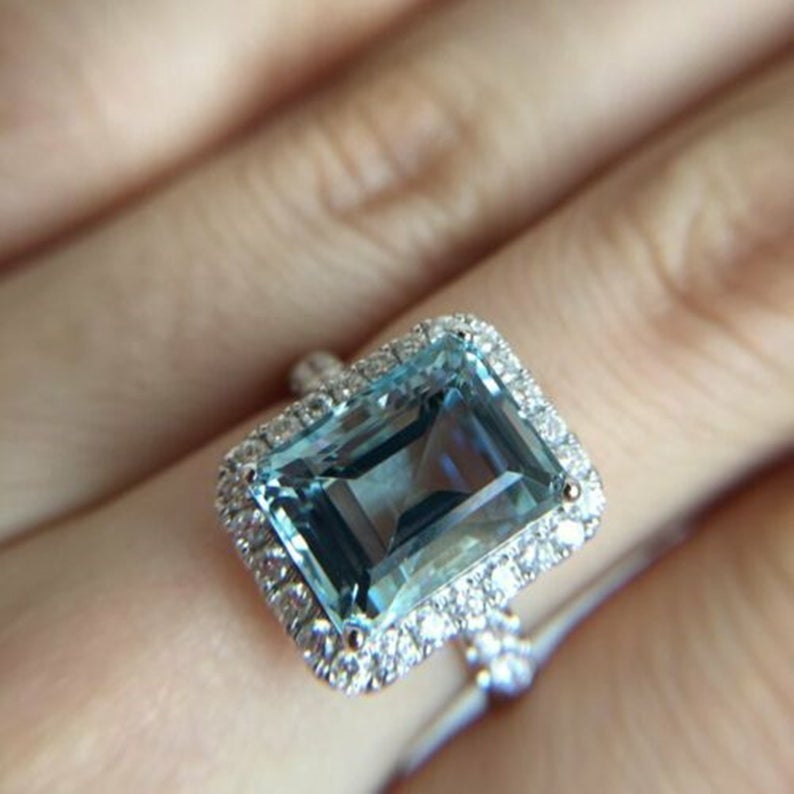 2 CT Emerald Cut Aquamarine Diamond 925 Sterling Silver Halo Woman's Anniversary Ring