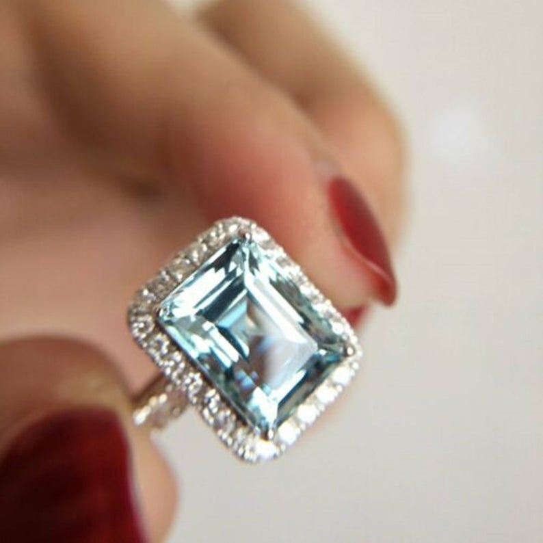 2 CT Emerald Cut Aquamarine Diamond 925 Sterling Silver Halo Woman's Anniversary Ring