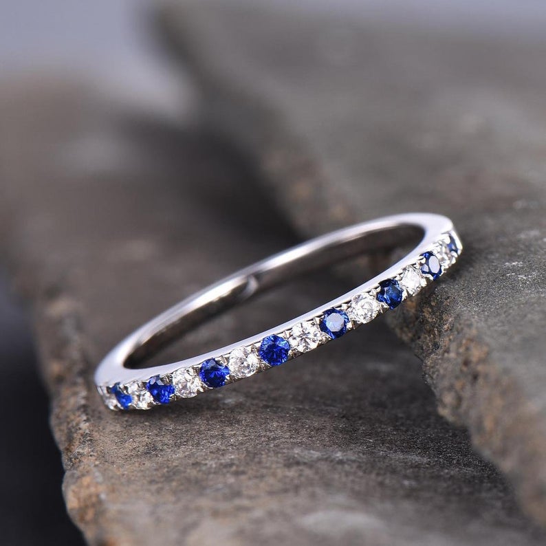 0.25 CT Round Cut Blue Sapphire and CZ Diamond 925 Sterling Silver Half Eternity Wedding Band Ring