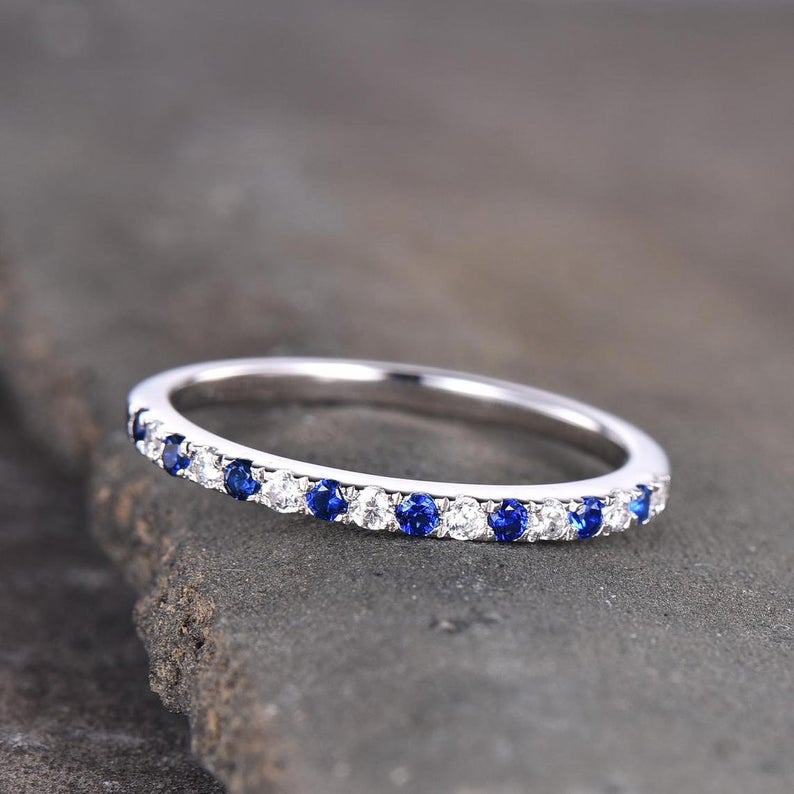 0.25 CT Round Cut Blue Sapphire and CZ Diamond 925 Sterling Silver Half Eternity Wedding Band Ring