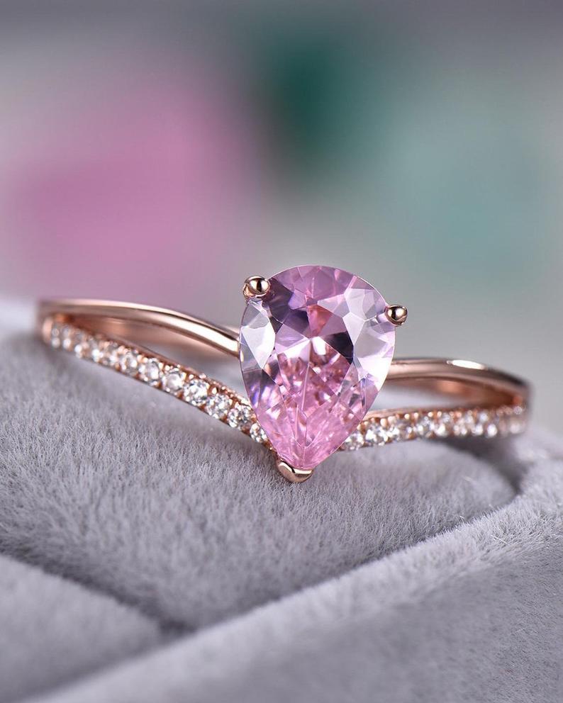 1.35 Ct Pear Cut Pink Sapphire Split Shank Engagement Ring Rose Gold Over On 925 Sterling Silver