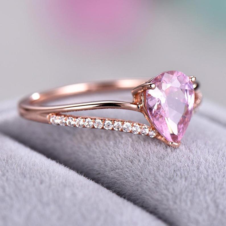 1.35 Ct Pear Cut Pink Sapphire Split Shank Engagement Ring Rose Gold Over On 925 Sterling Silver