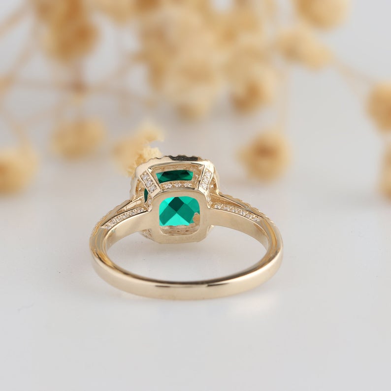2 CT Cushion Cut Emerald Diamond Yellow Gold Over On 925 Sterling Silver Halo Anniversary Ring