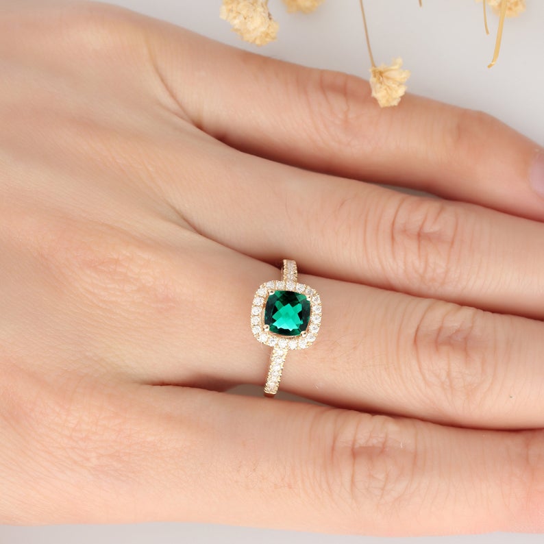 2 CT Cushion Cut Emerald Diamond Yellow Gold Over On 925 Sterling Silver Halo Anniversary Ring
