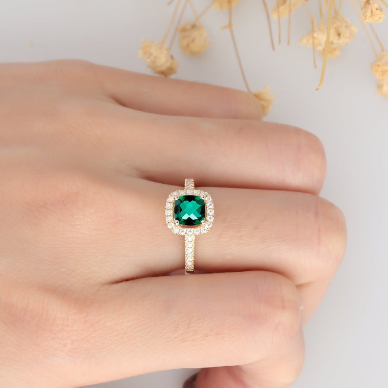 2 CT Cushion Cut Emerald Diamond Yellow Gold Over On 925 Sterling Silver Halo Anniversary Ring