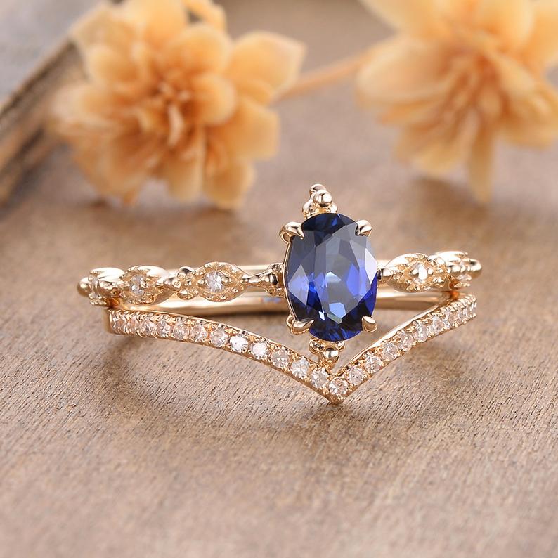 1 CT Oval Cut Blue Sapphire Diamond Yellow Gold Over On 925 Sterling Silver Wedding Bridal Ring Set