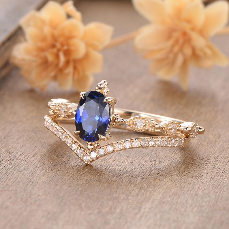 1 CT Oval Cut Blue Sapphire Diamond Yellow Gold Over On 925 Sterling Silver Wedding Bridal Ring Set