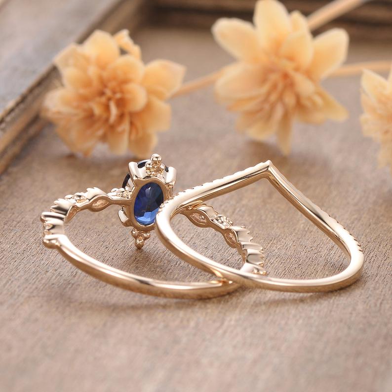 1 CT Oval Cut Blue Sapphire Diamond Yellow Gold Over On 925 Sterling Silver Wedding Bridal Ring Set
